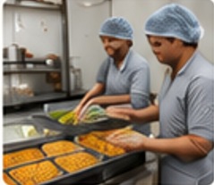 Kitchen team preparing meals